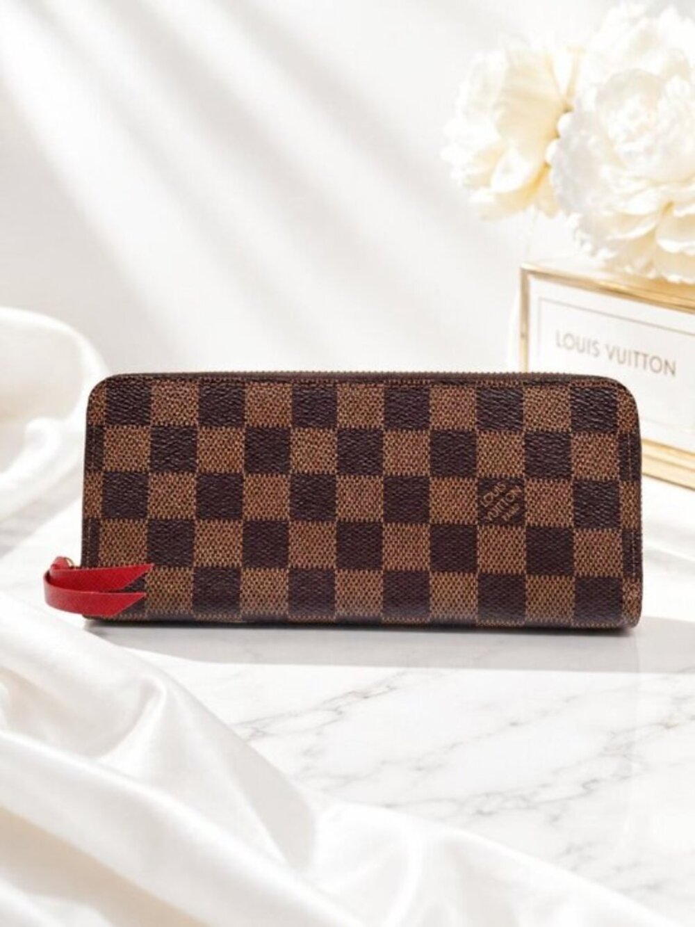 Authentic Louis Vuitton Damier Ebene Zippy Wallet Red Interior